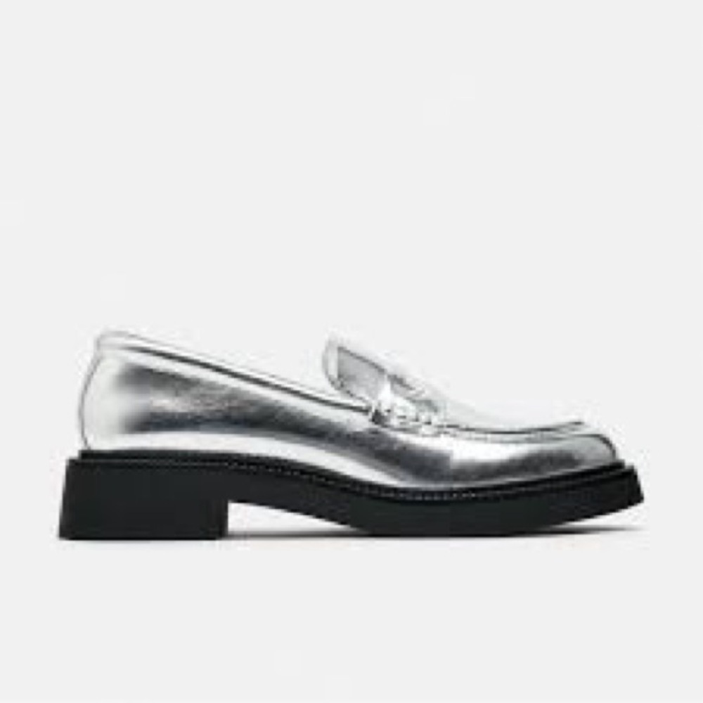 Zara Silver Metallic Penny Loafers with Black Sole